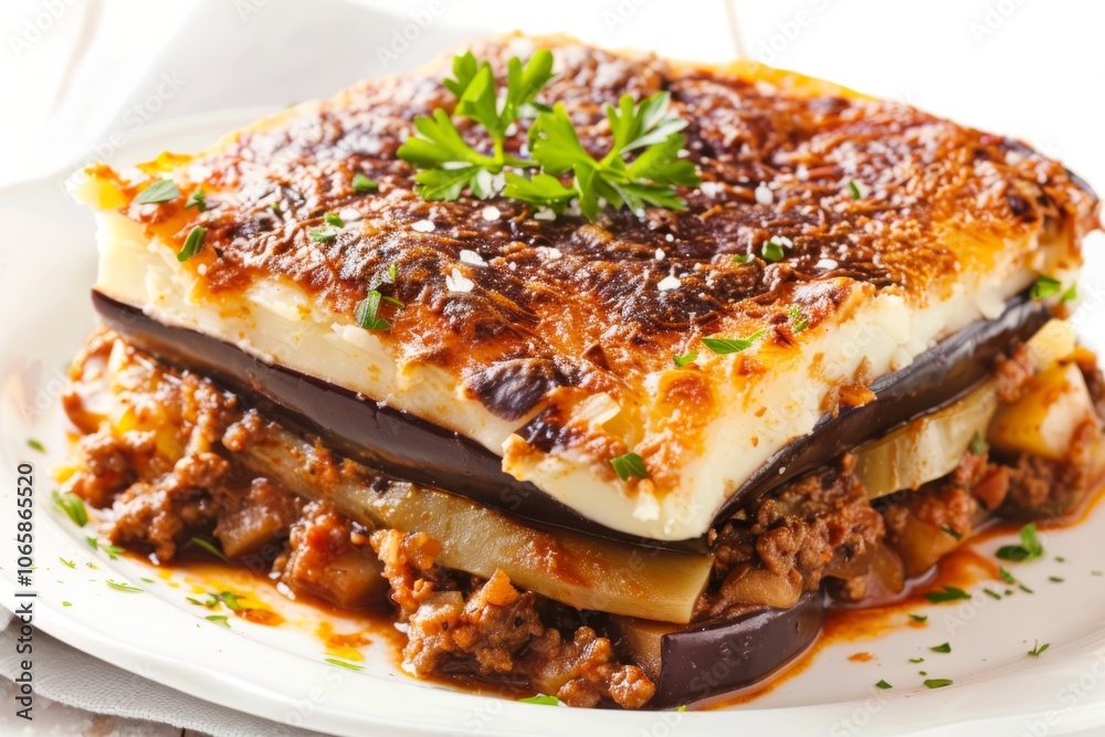Delicious Greek Moussaka on White Plate Delicious Greek Moussaka on White Plate