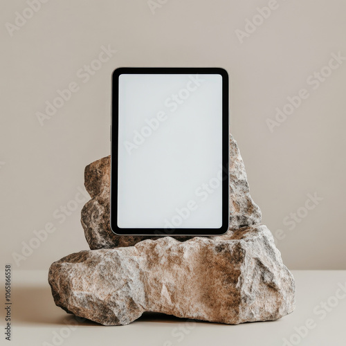 Modern tablet with a blank screen standing upright on natural stones, ideal for mockups or minimalist presentations against a neutral background.
 photo