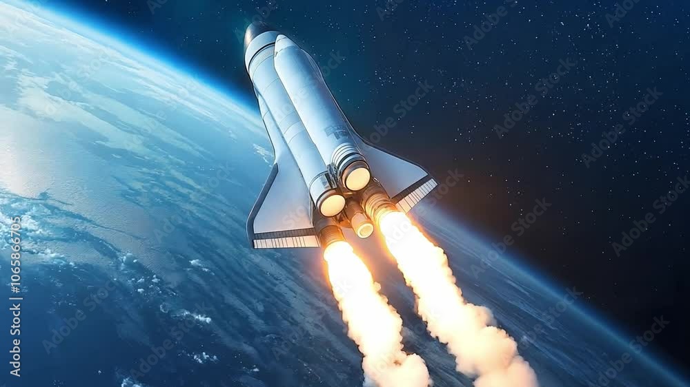 The spacecraft ascends with intense rocket flames, highlighting its journey through the atmosphere while Earth is visible beneath