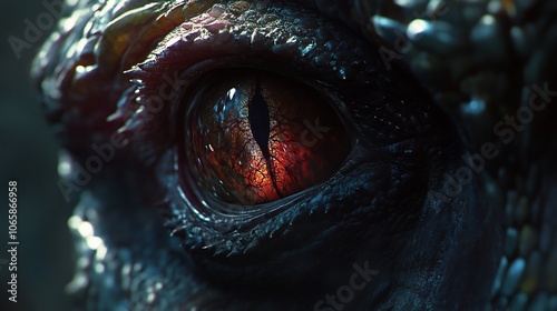 Close-up of a reptilian eye with a red iris and black pupil. photo