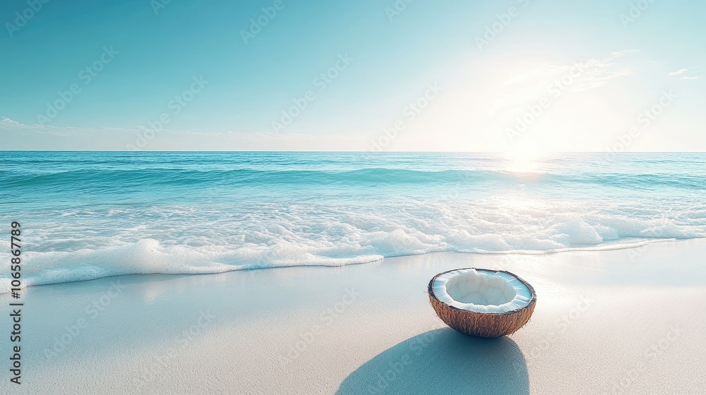 Serene Beach Landscape with Coconut Shell and Tranquil Waves at Sunrise Serene Beach Landscape with Coconut Shell and Tranquil Waves at Sunrise
