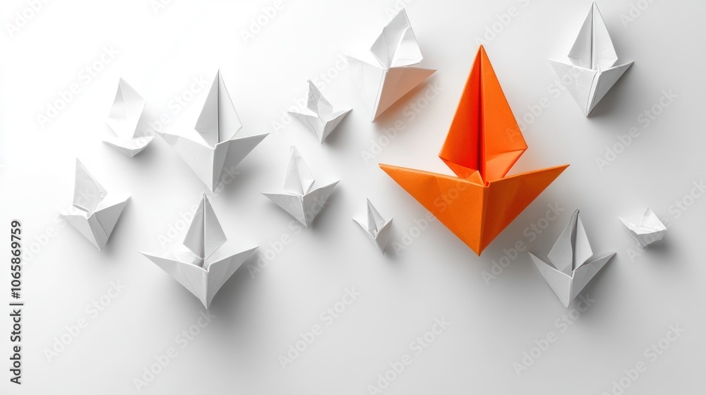 Fototapeta premium A single orange paper boat stands out from a group of white paper boats on a white background.