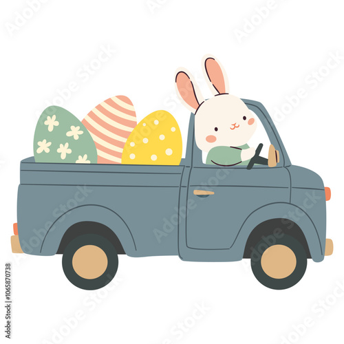 Flat vector illustration on Easter theme on white background. Cute bunny rides on a truck and carries Easter eggs. Vector illustration