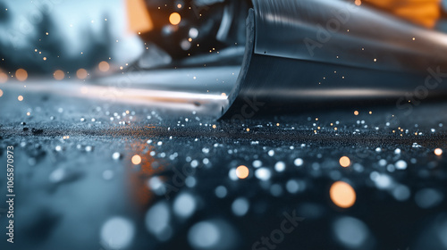 Asphalt paver works and makes a road, closeup shot of asphalt roller photo