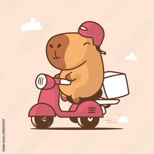 A cute cartoon-style vector illustration of a capybara happily riding a pink scooter, delivering a package. 
