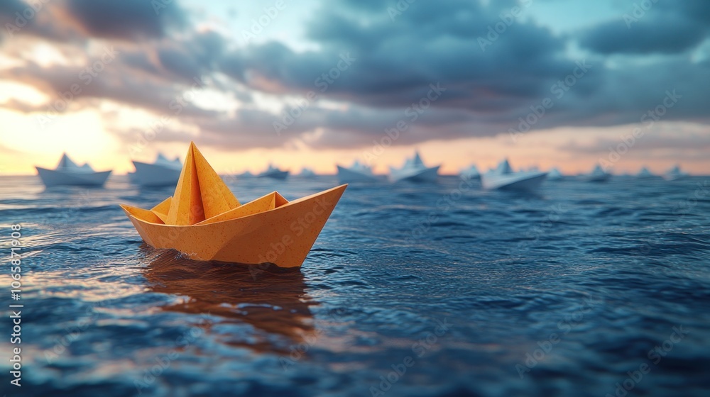 Obraz premium A single yellow paper boat leads a fleet of white paper boats on a calm sea at sunset.