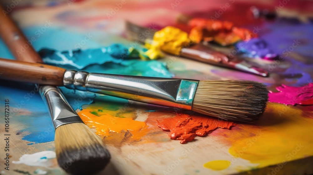 Fototapeta premium Colorful Paints and Brushes on Artist Palette