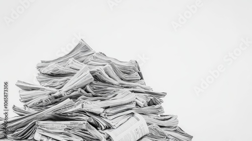 A large pile of newspapers stacked messily on a plain background, illustrating the extensive volume of printed media over time photo