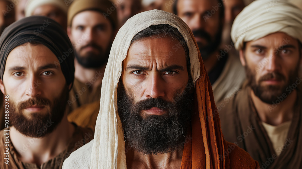 Obraz premium Biblical figures standing in unity, expressing faith during ancient times