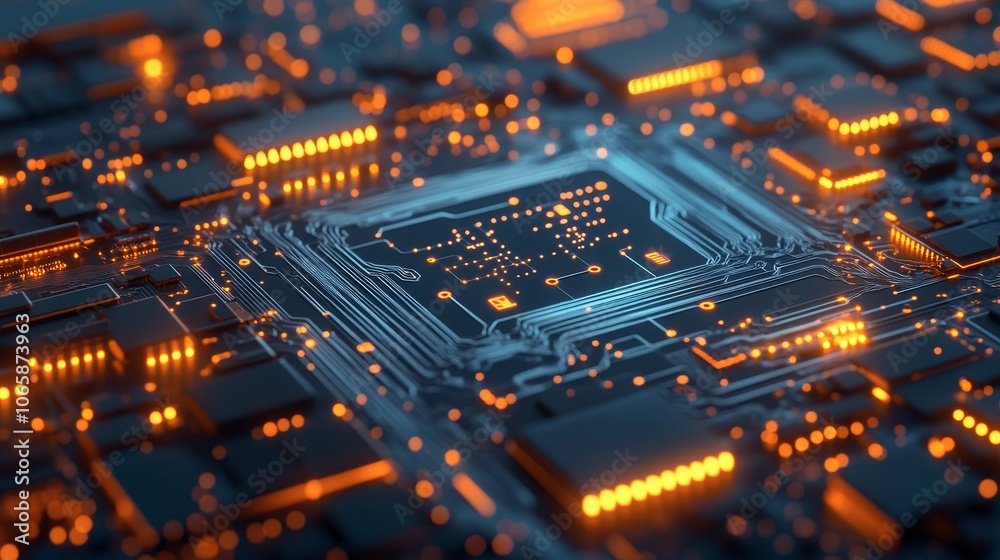 Fototapeta premium An abstract close-up of a digital circuit board with glowing orange lights and intricate circuitry patterns