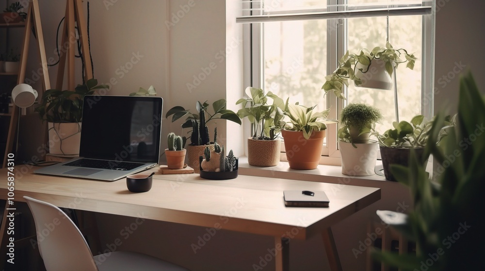 Fototapeta premium Cozy Workspace with Indoor Plants and Laptop