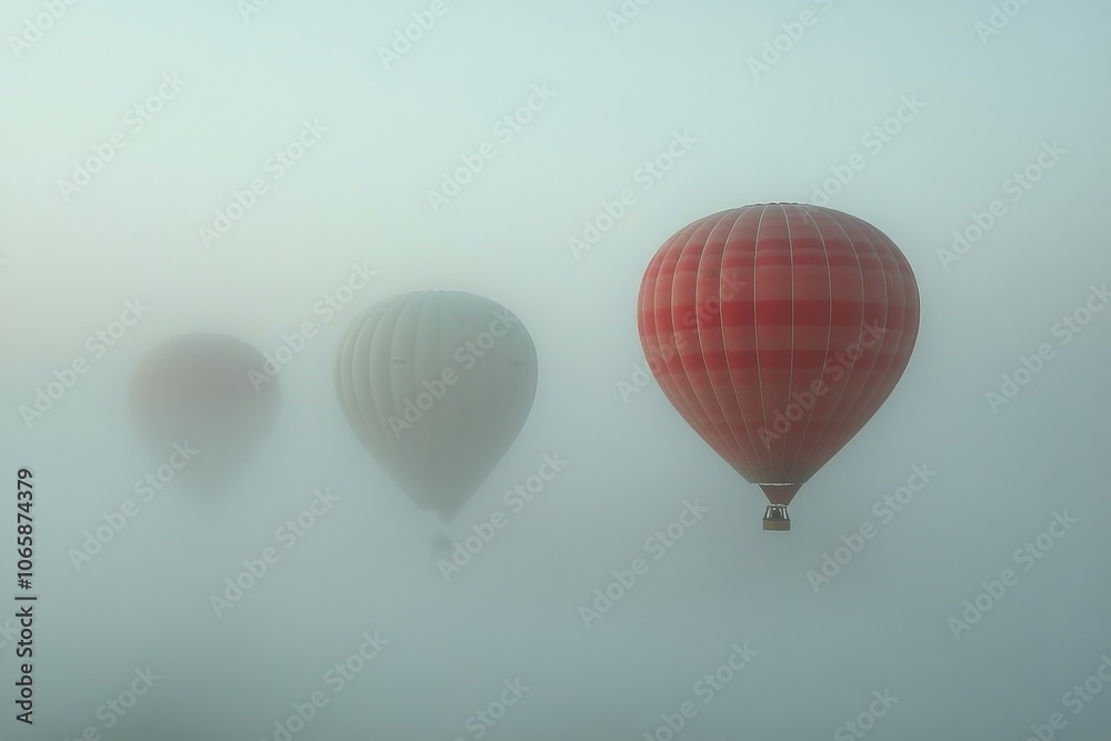Obraz premium Hot air balloons drift through fog in a serene landscape during early morning light