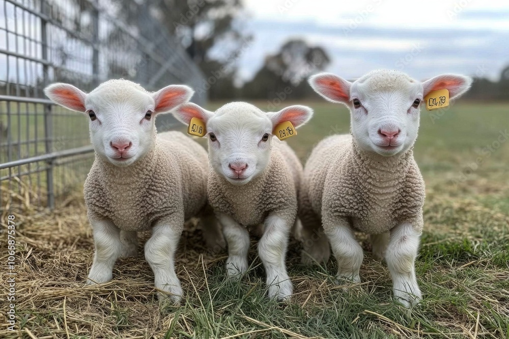 Fototapeta premium Three adorable lambs resting on hay in a farm pasture during early spring