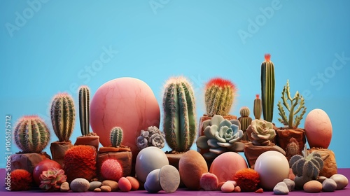 Stylish cactus collection with pink stones on blue background, adding texture and color to home decor. photo