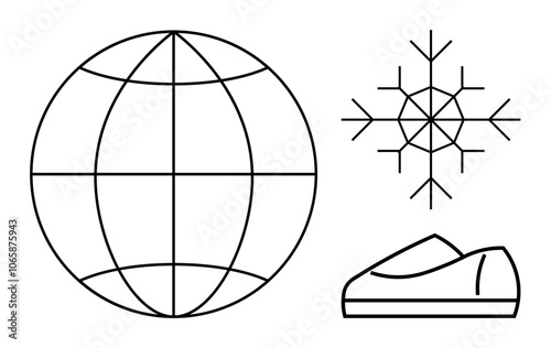 Globe with longitude and latitude lines, detailed snowflake, and a moccasin shoe. Ideal for global business, winter activities, footwear industry, travel, cultural representation, maps, winter