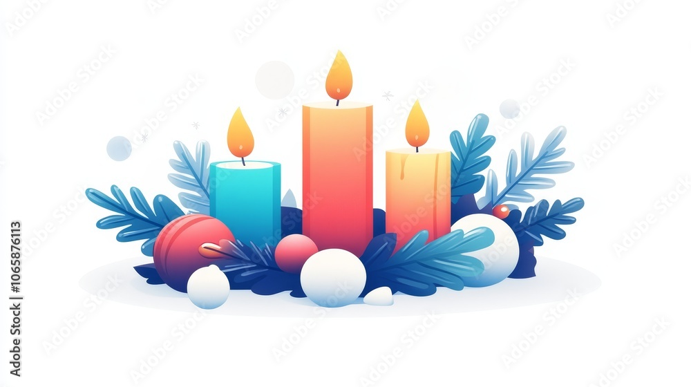 A stylized Advent wreath featuring three colorful candles surrounded by green foliage and decorative ornaments A stylized Advent wreath featuring three colorful candles surrounded by green foliage and decorative ornaments