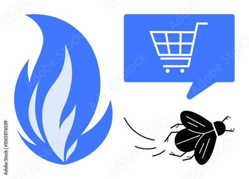 Blue flame symbol, shopping cart in speech bubble, flying black fly. Ideal for marketing, consumer behavior, online shopping, distractions, focus, e-commerce, digital content. Line metaphor