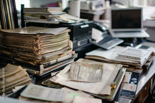 Stacks of old paperwork and files cluttering a desk in a disorganized office photo