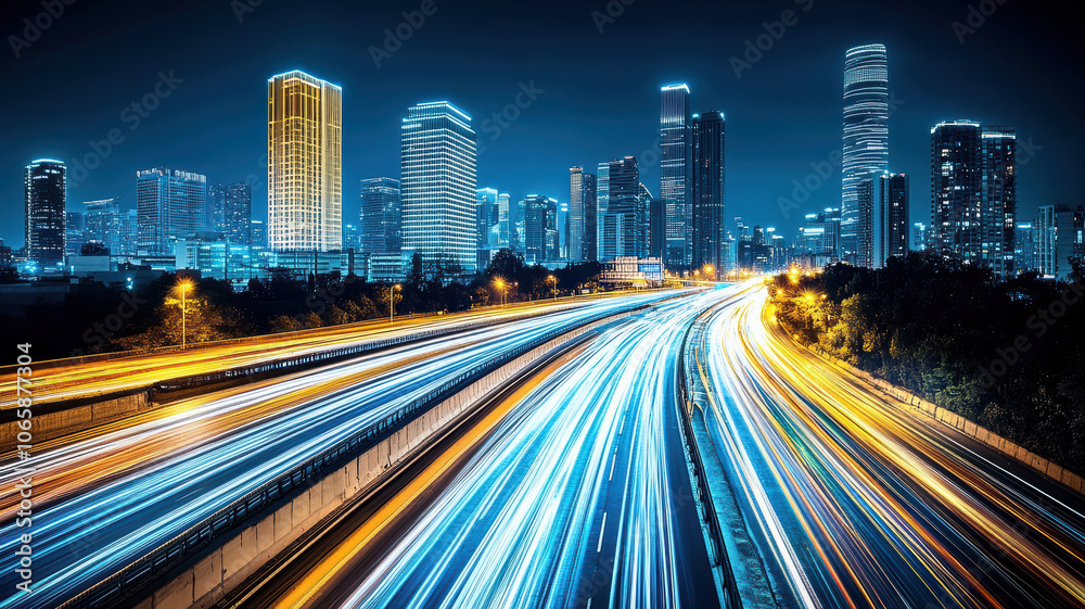 Obraz premium Nighttime cityscape with glowing windows
