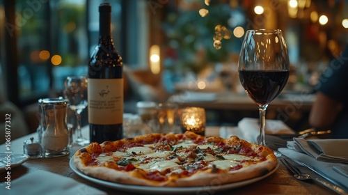 A gourmet pizza served on a wooden table with a glass of red wine and a bottle, set in an elegant restaurant ambiance