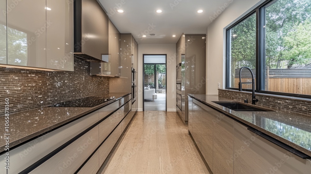 Obraz premium Modern Kitchen Interior with Brown Glossy Cabinets and Black Countertop