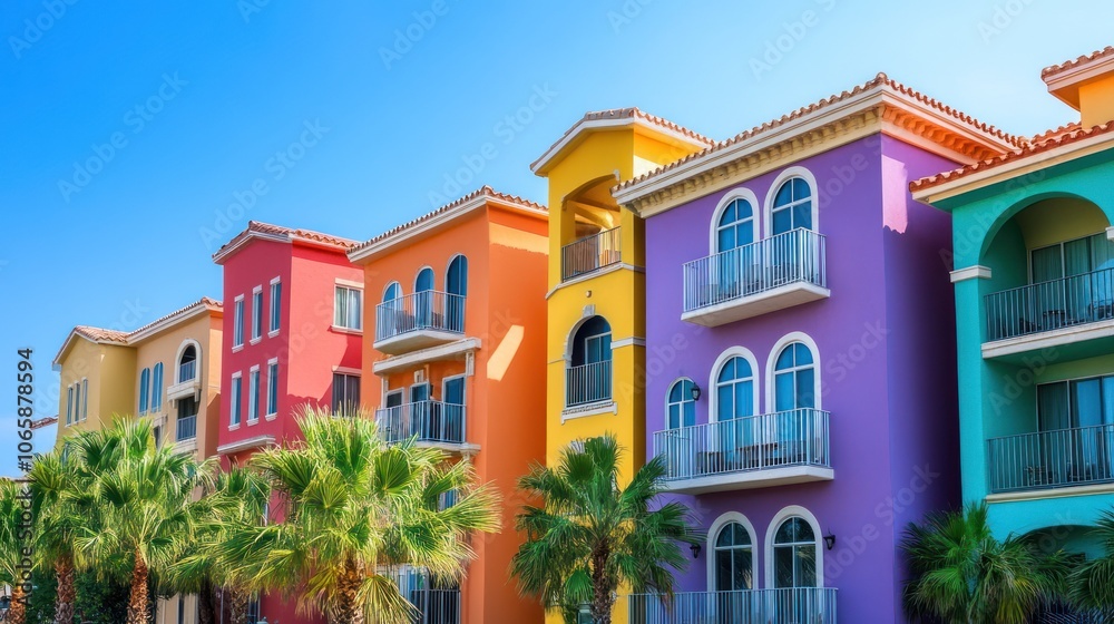 Fototapeta premium Colorful buildings with balconies and palm trees under a clear blue sky.