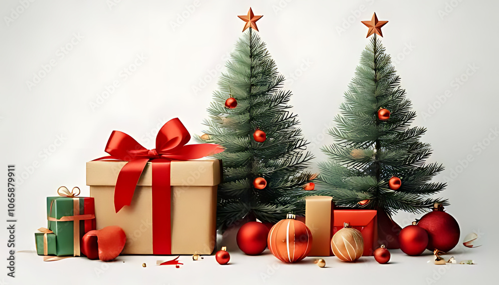 minimal christmas illustration features gift box ornaments christmas tree white background