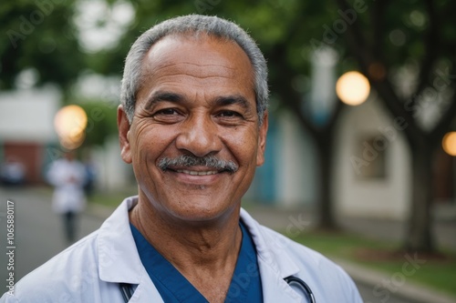 Close portrait of a smiling senior Tongan man doctor looking at the camera, Tongan hospital blurred background photo