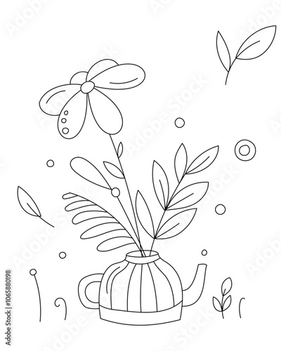 Linear coloring page with flowers in a beautiful teapot