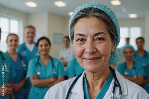 Close portrait of a smiling senior Uzbek woman doctor looking at the camera, Uzbek hospital blurred background photo