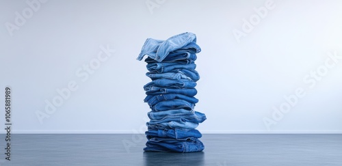 Stacked denim jeans on plain background