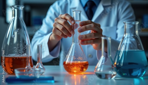 Scientist conducting experiment with colorful liquids in laboratory flasks photo