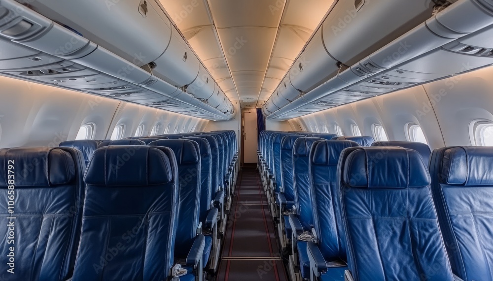 Obraz premium Empty Economy Class Cabin Of Passenger Airplane With Comfortable Seats Awaiting Passengers