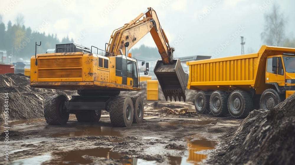 Obraz premium Excavator loading dump truck at construction site on cloudy day