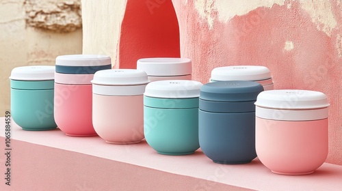 A row of colorful, reusable food containers with lids, arranged on a pink surface. photo