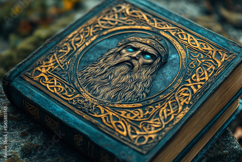 a Norse mythology book, open to an illustration of Odin. photo