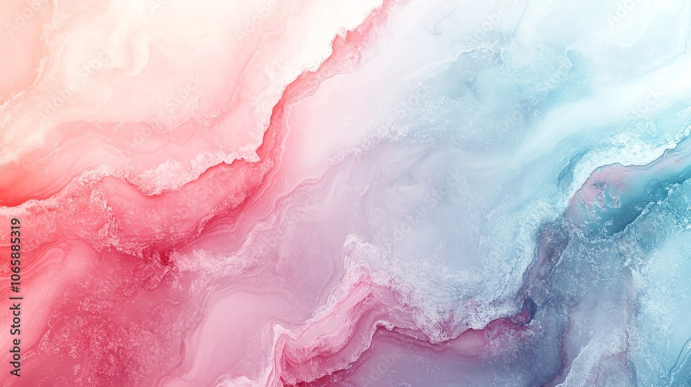 Fototapeta premium A light, gentle abstract background featuring soft marbled swirls in pastel pink, red, and blue tones with ample copy space