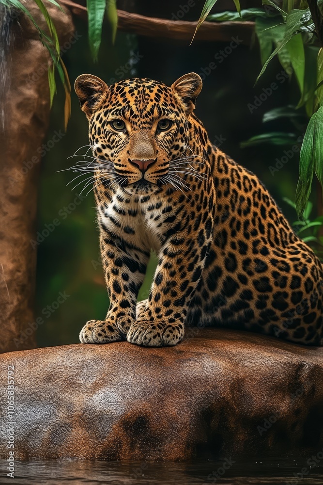 Obraz premium Powerful Leopard, Panthera Pardus, Sitting Alertly on a Rock in a Lush Tropical Forest Environment