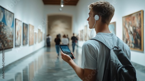 A minimal side view portrait of a young man holding a smartphone with earphones, immersed in an audio guide while visiting a modern art gallery, capturing curiosity and exploration