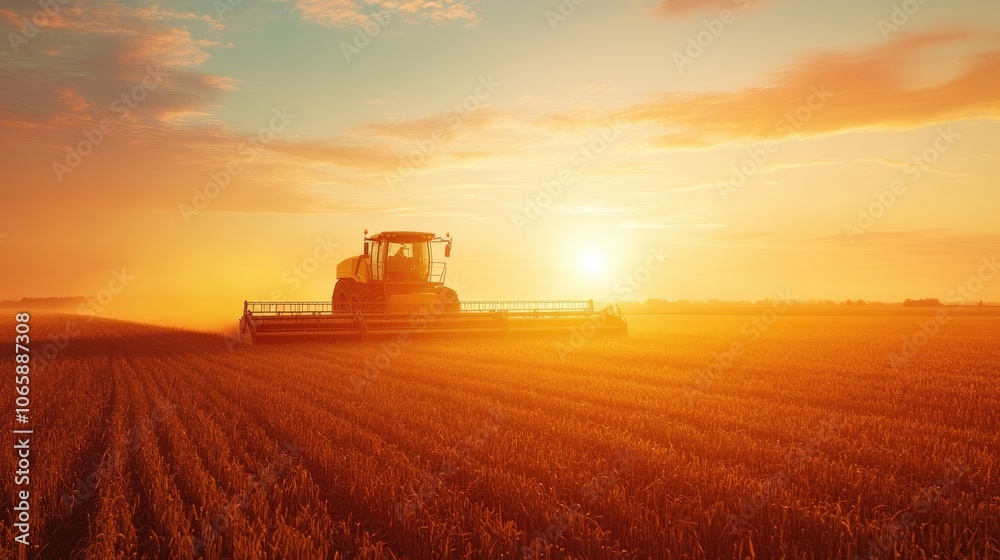 Fototapeta premium A modern agricultural machine demonstrated in a field at sunrise, highlighting sustainable farming practices