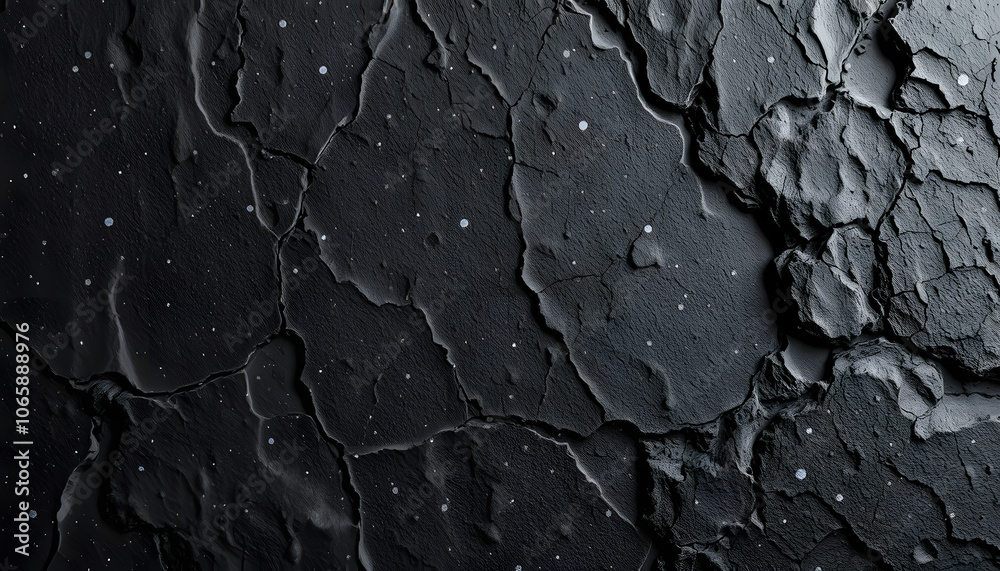 Fototapeta premium Rock texture. Copy space. Dark stone wall. Stone background. Rock surface with holography, nacre. Wall abstraction. Paint spots. Rock surface with cracks. Abstract texture isolated with white highli