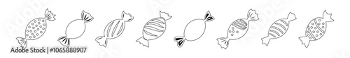 Set of black outlines of wrapped candies. Black and white sketch of assorted sweets in a row. Concept of sweet treats, candy illustration, dessert design, children s snacks. Fun and playful line art