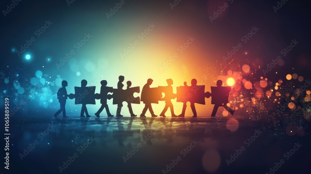 Fototapeta premium Teamwork People five puzzle pieces. Vector graphic design illustration