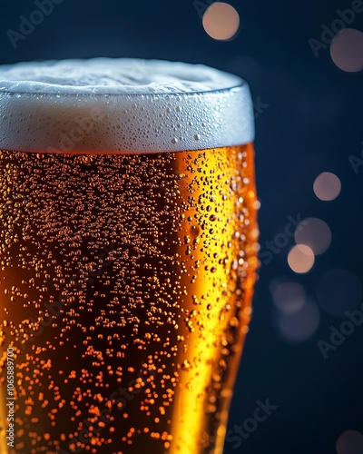 Cold beer glass with condensation and foam head on dark background photo