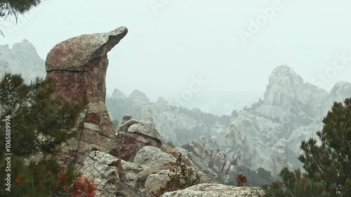 Rock formations in a snowstorm in Castle Rocks State Park, Idaho.