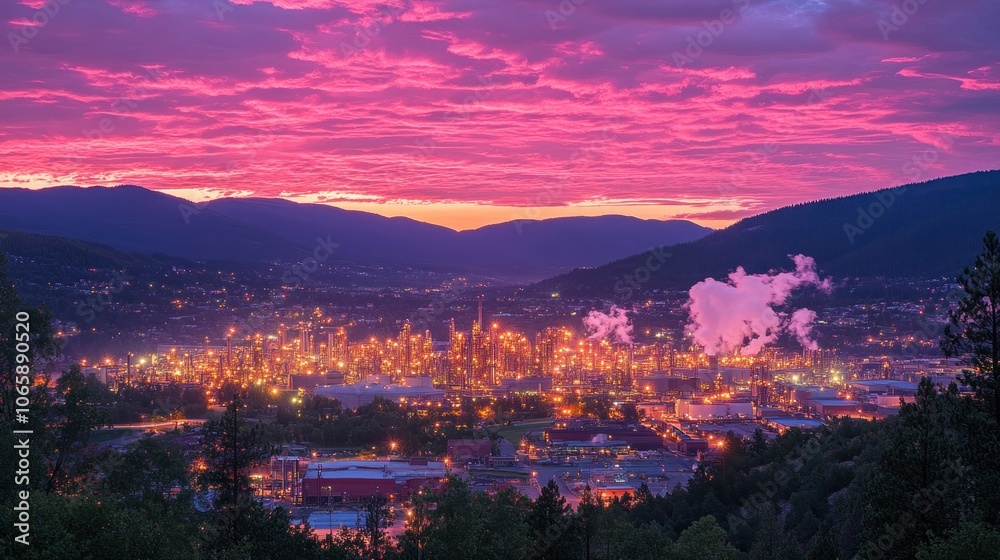 Fototapeta premium A vibrant pink sunset illuminates a valley filled with industrial buildings, casting a glow over the cityscape.