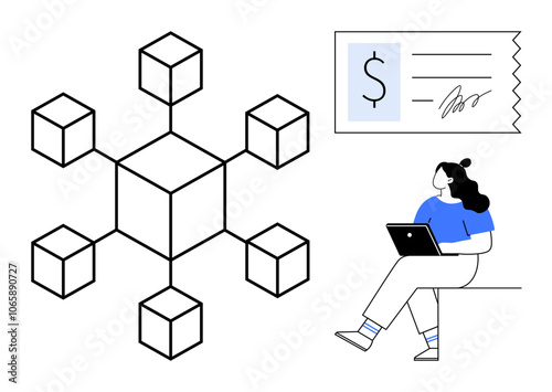 Woman using laptop beside blockchain network diagram, digital payment receipt above. Ideal for tech, finance, digital currency, online learning, remote work, blockchain education, and digital