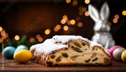 Nahaufnahme von einem Osterstollen auf einem Holztisch mit Ostereiern und einem silbernen Osterhasen im Hintergrund.