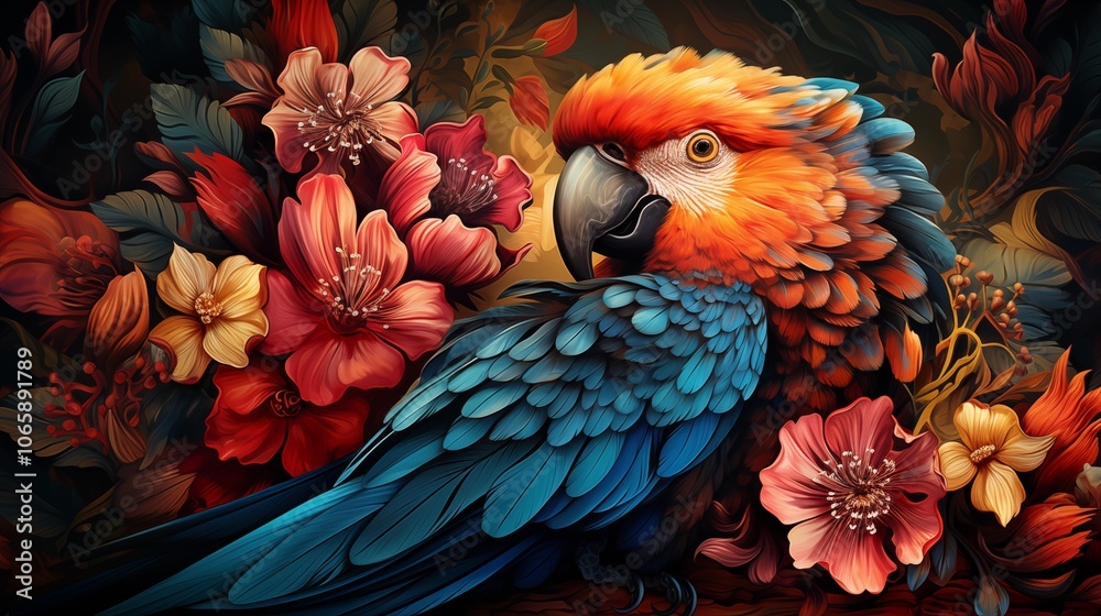 Obraz premium Bright tropical pattern with lush jungle vegetation and exotic animals, offering a vibrant, nature-inspired design.