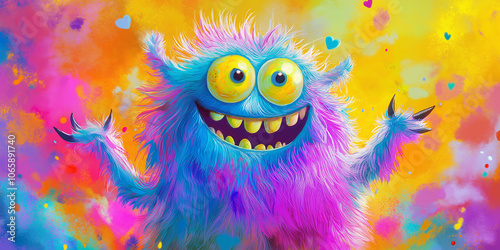 Bright and playful monster character in a vibrant, colorful style with an energetic expression, set against a splatter-paint background. Ideal for children's illustrations or playful designs.